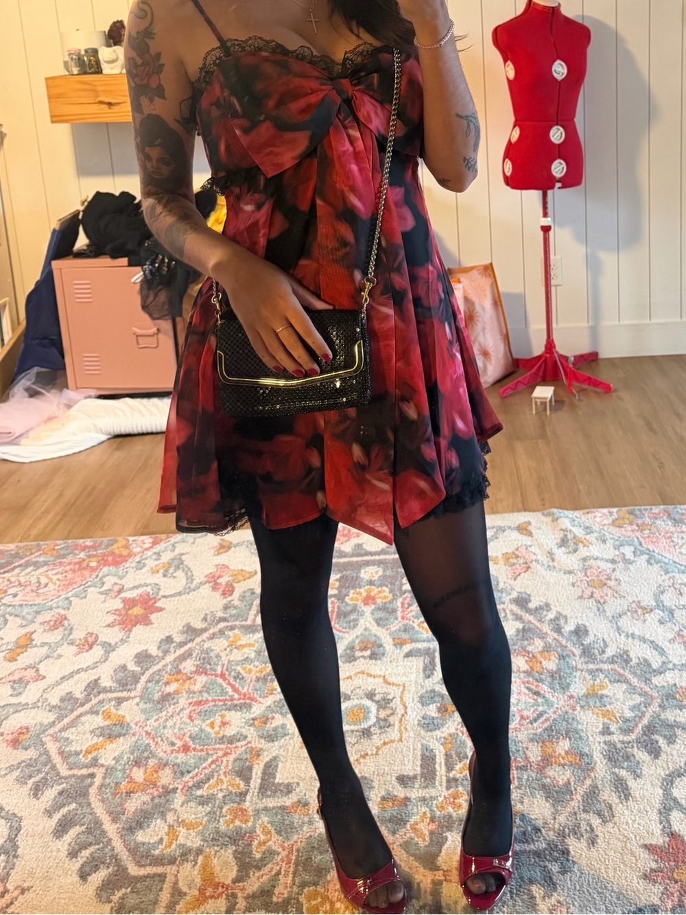 For Love & Lemons Red and Black Floral Bow-Front Slip Mini Dress